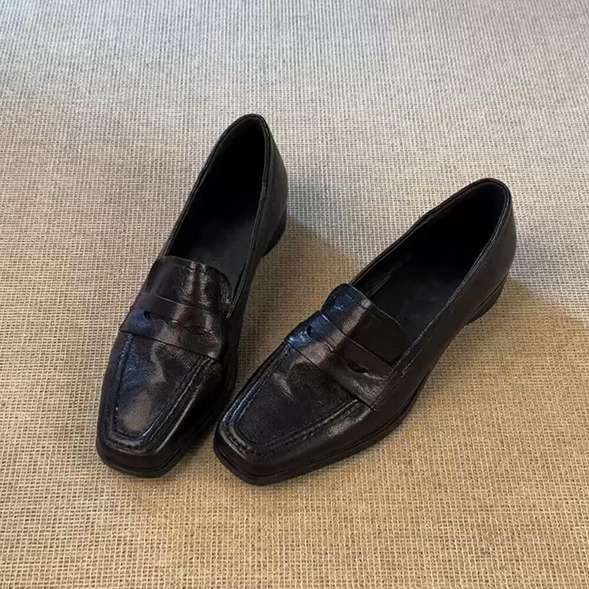 羊皮版~时尚真皮极简气质复古乐福鞋女一脚蹬方头低跟通勤小皮鞋主图