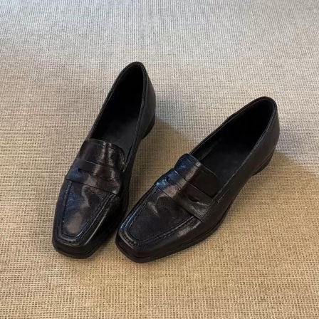 羊皮版~时尚真皮极简气质复古乐福鞋女一脚蹬方头低跟通勤小皮鞋