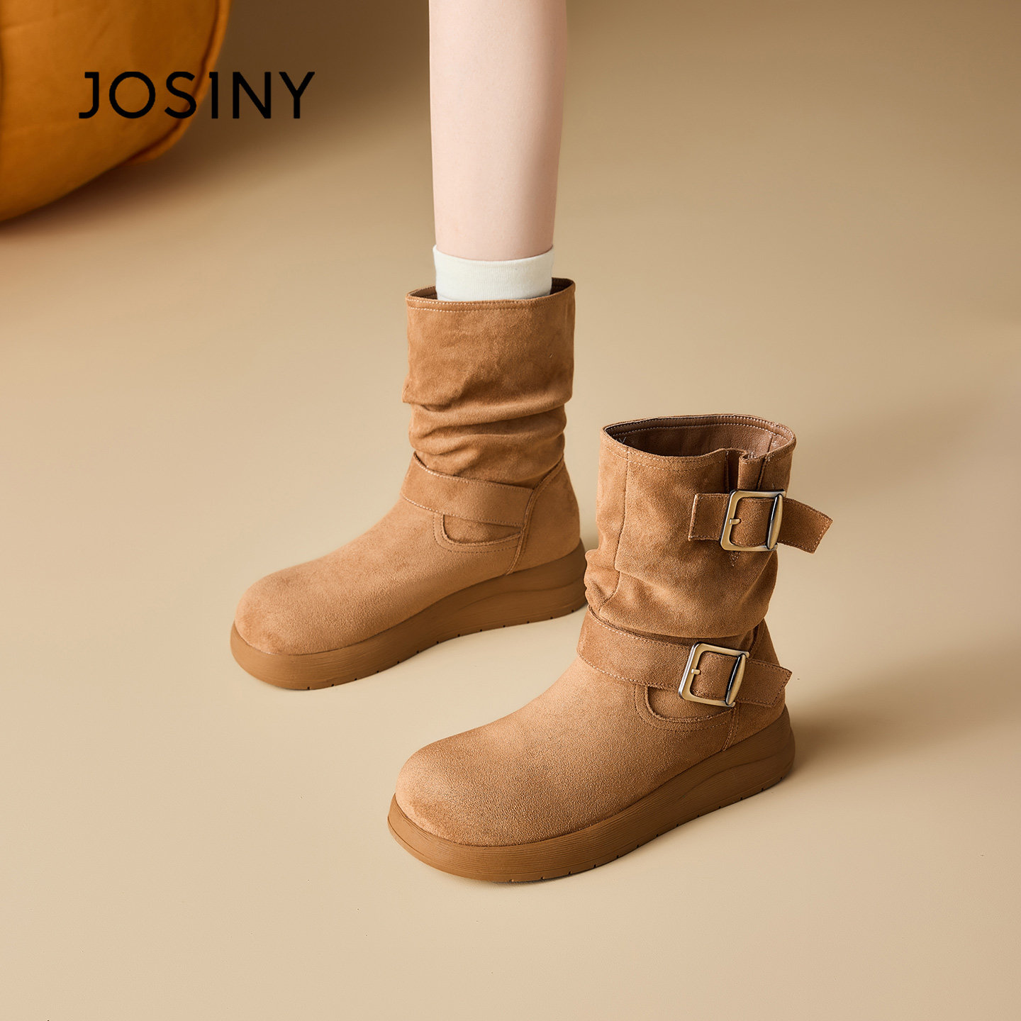 卓诗尼复古西部靴女2025新款冬季皮带扣堆堆靴厚底百搭显瘦短靴主图