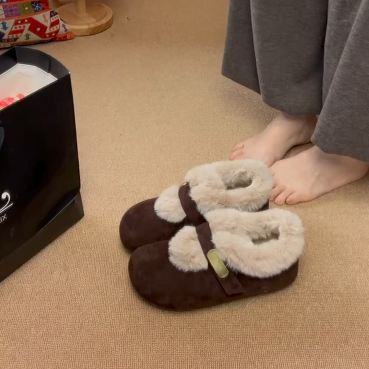 羊皮版~加绒保暖防滑舒适百搭勃肯鞋女甜酷时尚舒适外穿雪地棉鞋主图