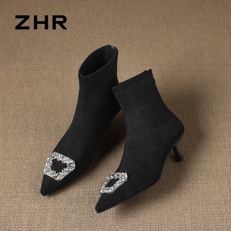 ZHR则则羊皮短靴女冬季2026新款加绒细跟法式靴子水钻尖头高跟鞋主图