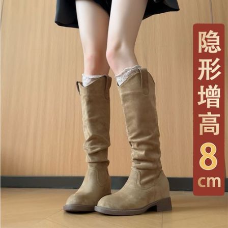 隐形增高8cm复古美拉德骑士绒面长筒靴显瘦堆堆褶皱长靴高筒女靴