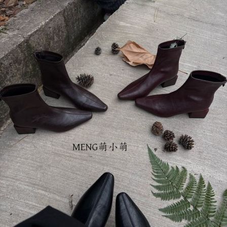 真皮粗跟短靴女英伦风秋冬新款方头弹力瘦瘦靴后拉链复古马丁靴