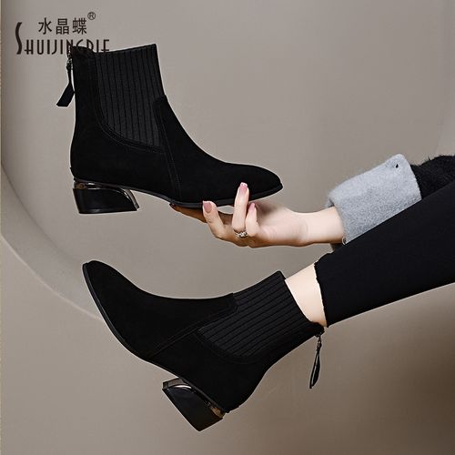 水晶蝶2025冬季保暖时尚真皮鞋高跟女靴短筒气质优雅粗跟短靴主图