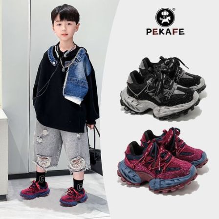 Pekafe真皮儿童运动鞋秋冬加绒重工烫钻老爹鞋男女童透气跑步鞋