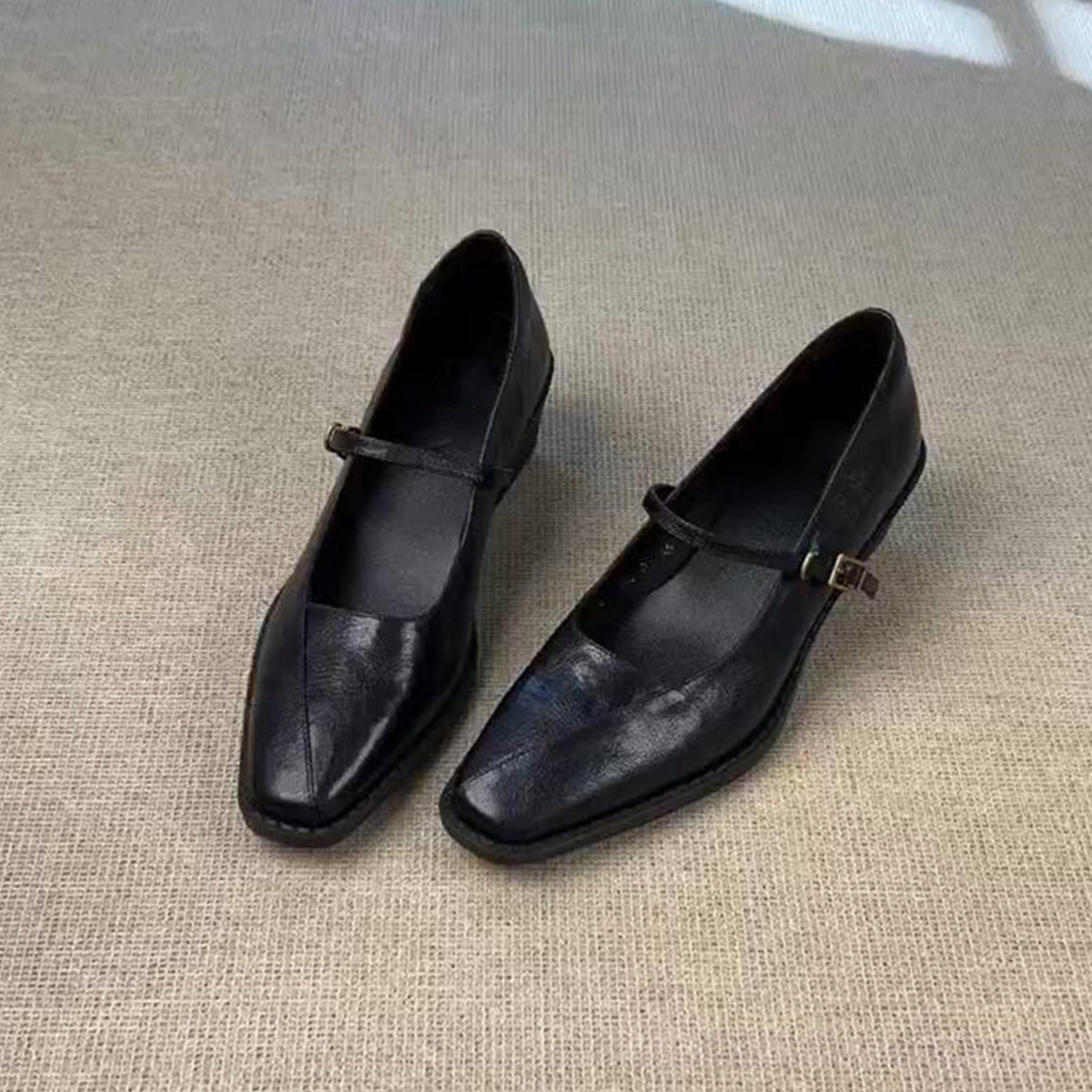 羊皮版~复古真皮方头玛丽珍鞋女一字带简约粗跟通勤不累脚小皮鞋主图