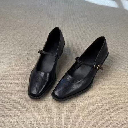 羊皮版~复古真皮方头玛丽珍鞋女一字带简约粗跟通勤不累脚小皮鞋