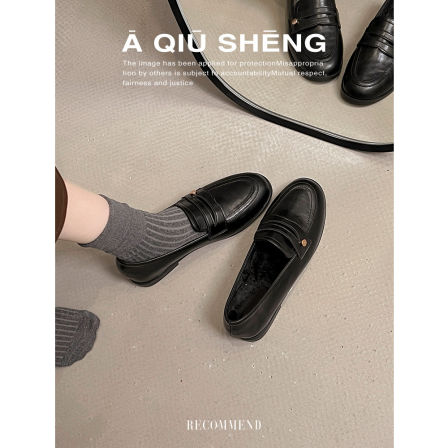 牛皮版~黑色加绒小皮鞋女2025新款英伦风平底乐福鞋保暖通勤单鞋