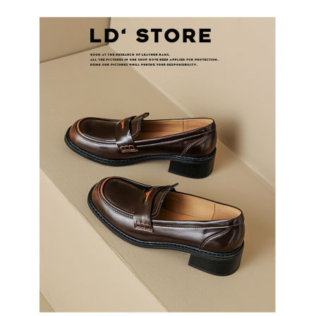 真皮~厚底复古一脚蹬乐福鞋女春季百搭粗跟圆头单鞋英伦风小皮鞋