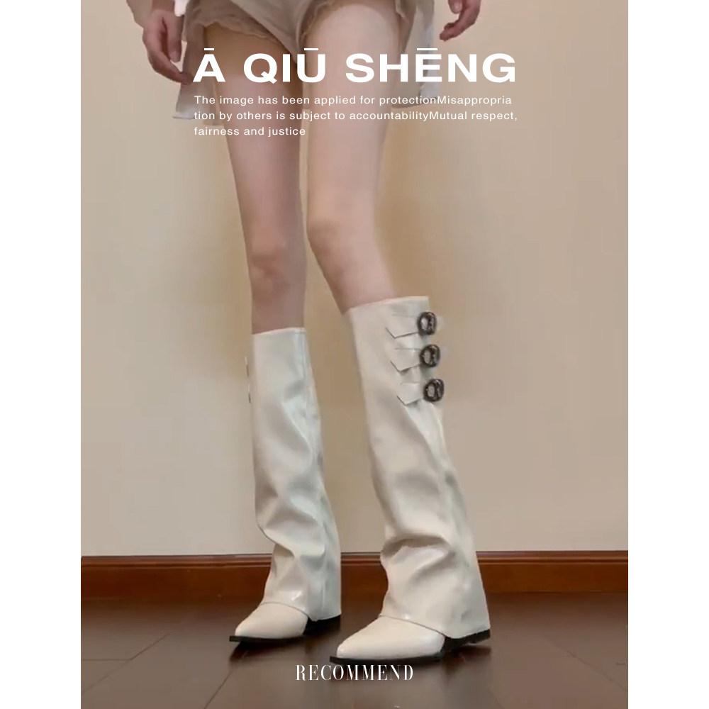 羊皮版~内增高尖头骑士靴2025年秋冬高筒不过膝长靴显瘦裤管靴子主图