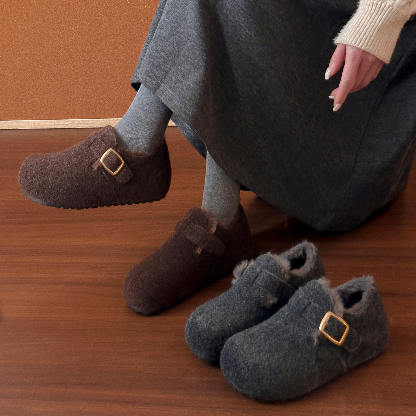 3CM内增高毛毛鞋女外穿冬季新款毛呢灰色皮带扣加绒大棉勃肯鞋子主图