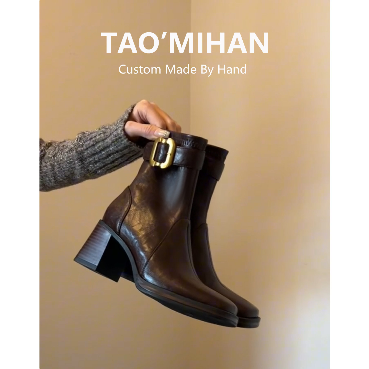 真皮巨好看小个子高跟短靴女2025新款方头马丁靴粗跟弹力瘦瘦靴子主图