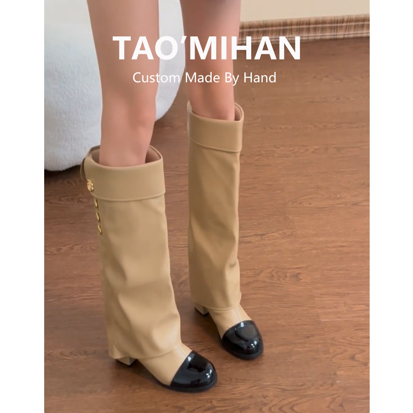 真皮小香风高跟骑士靴女2025秋冬新款不过膝长筒靴卡其色裤管靴子主图