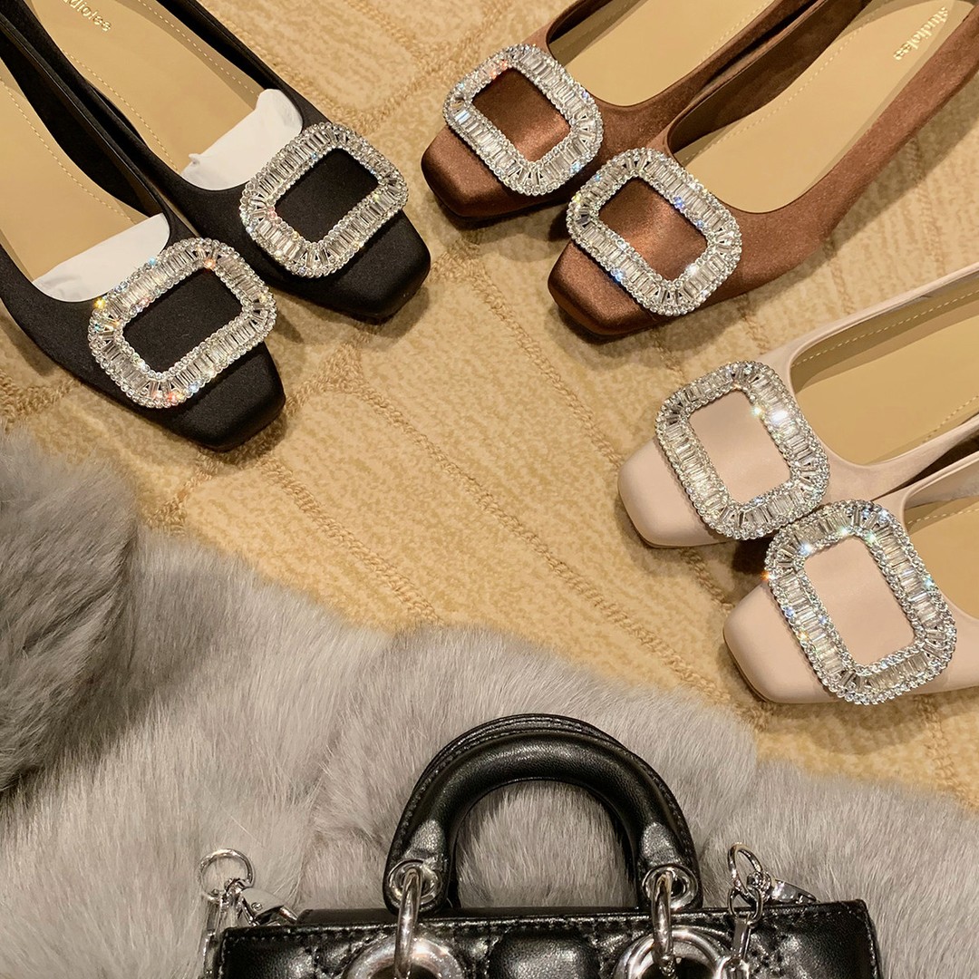 【售完不补】葡萄妈studiolee 增高4.5cm~小方头缎面浅口粗跟单鞋女主图