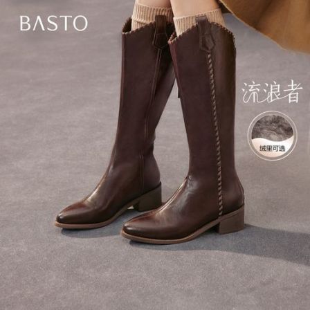 百思图2025冬季新款骑士靴时尚街头潮流粗跟尖头女长靴F3017DG5