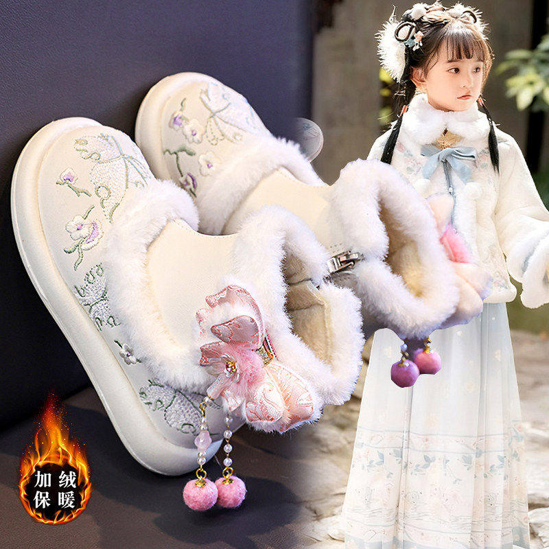 女童雪地靴冬季2026新款儿童汉服鞋加绒女孩古风绣花鞋保暖大棉鞋主图