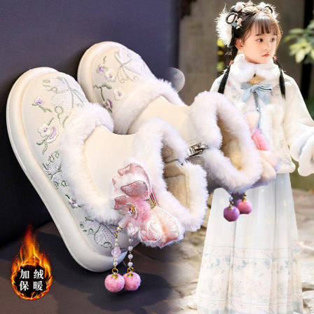 女童雪地靴冬季2026新款儿童汉服鞋加绒女孩古风绣花鞋保暖大棉鞋