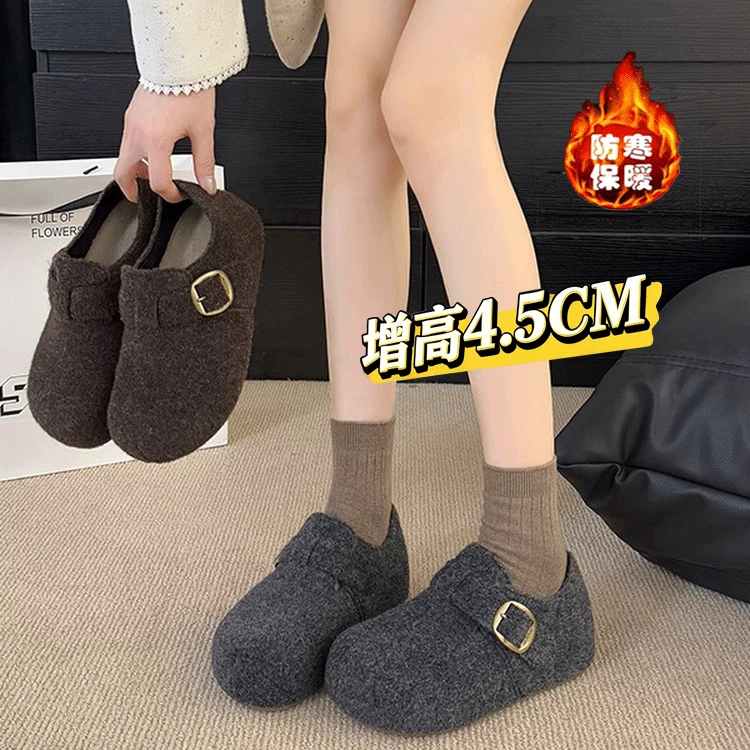 厚底内增高灰色加绒勃肯鞋女2026年秋冬季新款小个子保暖毛呢棉鞋主图