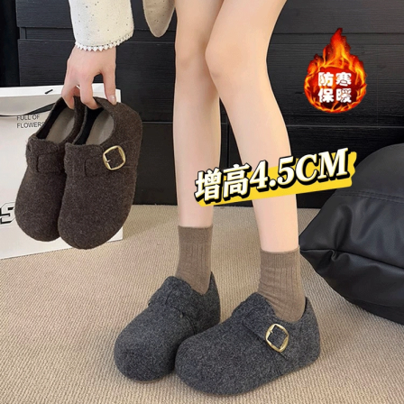 厚底内增高灰色加绒勃肯鞋女2026年秋冬季新款小个子保暖毛呢棉鞋