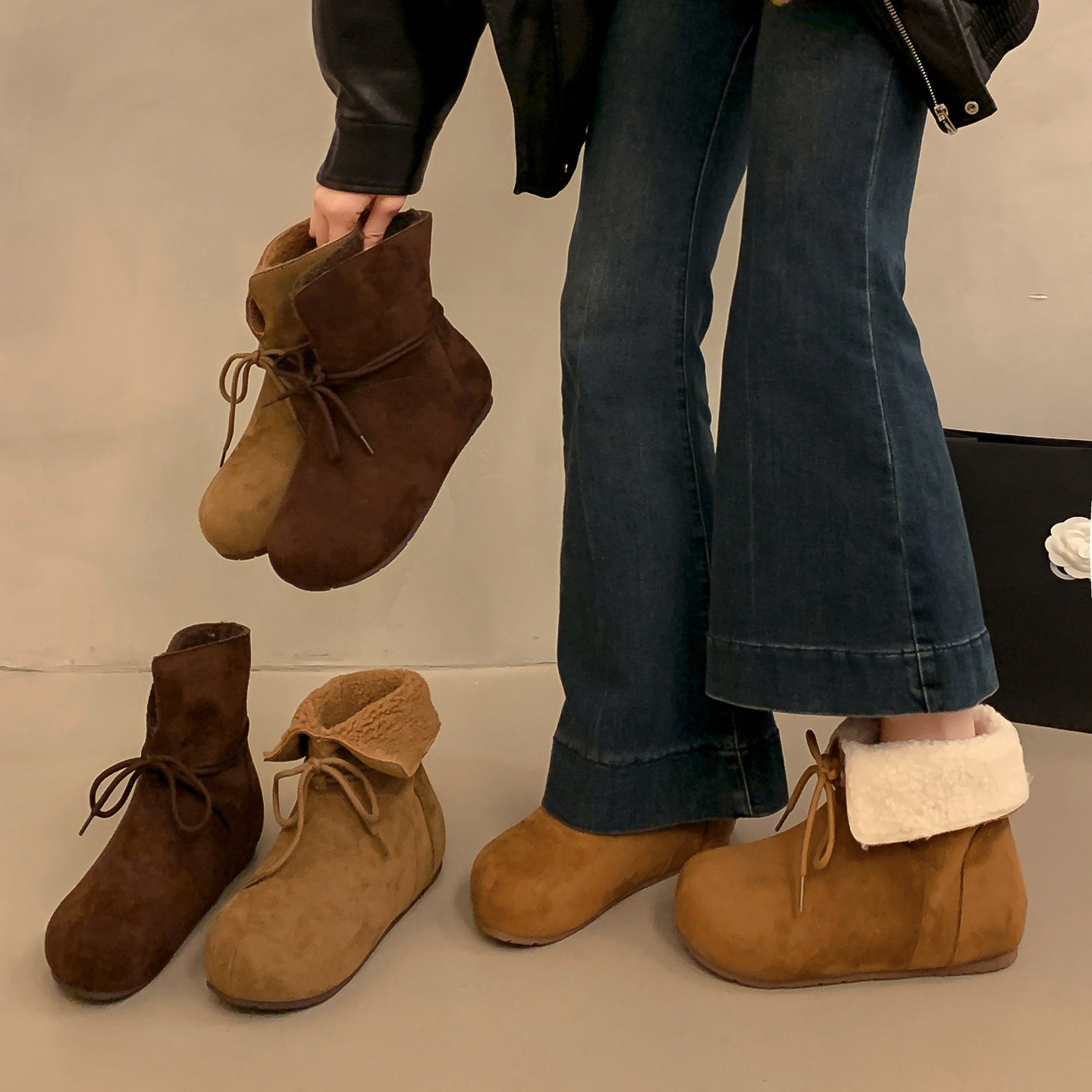 3CM内增高两穿雪地靴女冬季新款保暖中筒翻毛短靴加绒棉勃肯鞋子主图