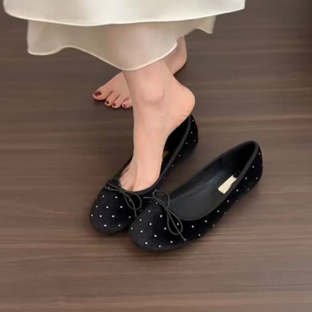 羊皮版~舒适百搭时尚小香风圆头平底单鞋女蝴蝶结一脚蹬芭蕾舞鞋