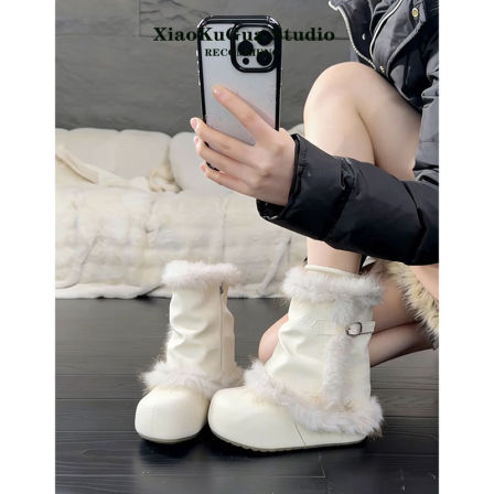 白色毛绒雪地靴女2026新款冬季加绒保暖棉鞋小个子内增高圆头短靴