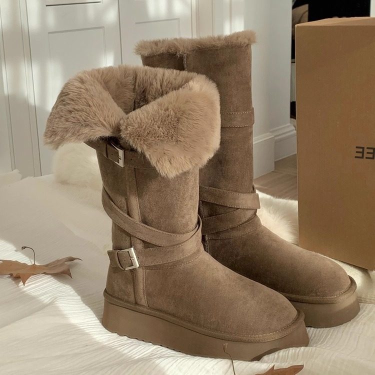 厚底加绒加厚保暖高筒长筒靴灰色雪地靴女2025新款冬季东北大棉鞋主图