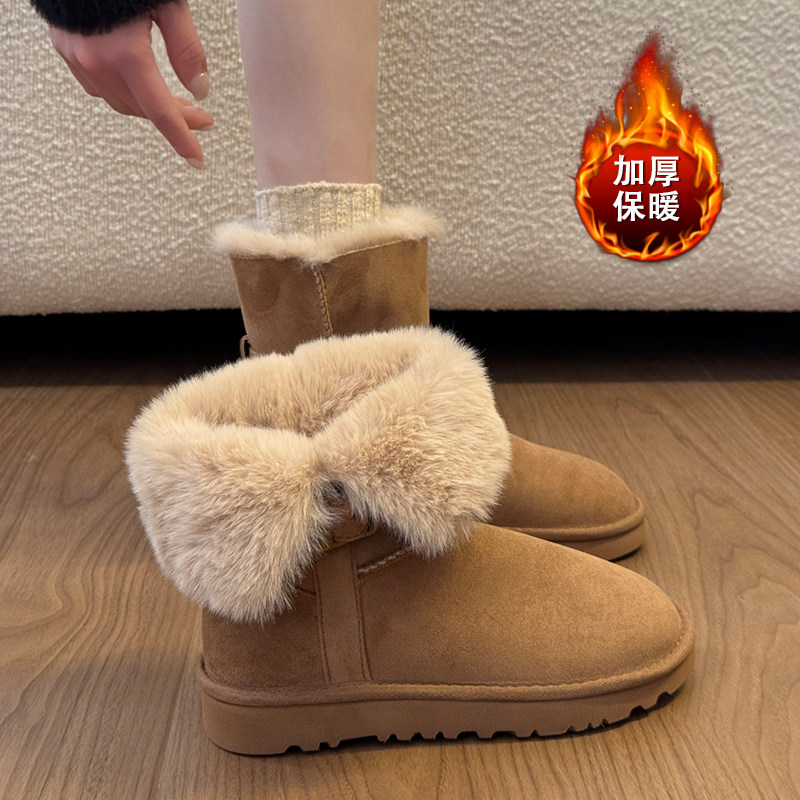 复古卷边厚底雪地靴女2025冬季新款平底加绒保暖短靴防滑毛毛棉鞋主图