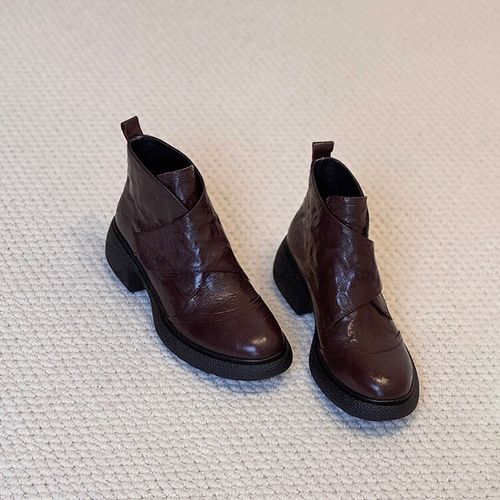 羊皮版~厚底魔术贴短靴英伦风一脚蹬通勤靴子小个子增高瘦瘦靴女 主图