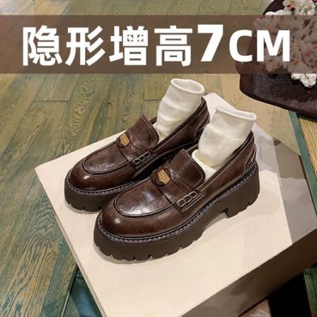 网红金币单鞋英伦小个子皮鞋内增高加绒乐福鞋8阔腿裤必备鞋