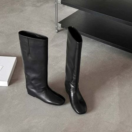 4cm~法式方头百搭平底柔软真皮加绒瘦瘦中筒骑士时装长靴