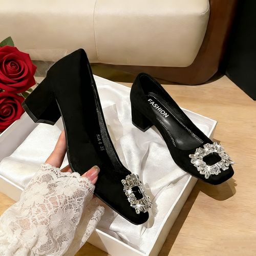 方头浅口水钻高跟鞋女2025秋冬新款粗跟软底气质黑色绒面职业单鞋主图