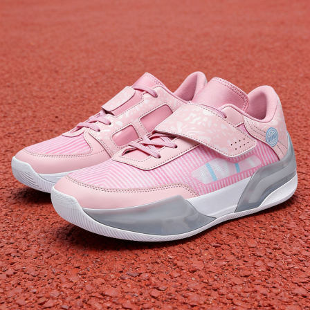 魔术贴男鞋不系带粉色篮球鞋青少年学生防滑爆米花底超轻运动鞋男