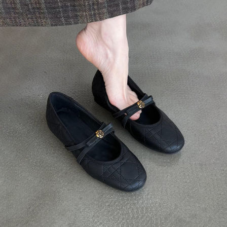羊皮版~法式黑色小香风山茶花蝴蝶结玛丽珍鞋女圆头平底温柔单鞋