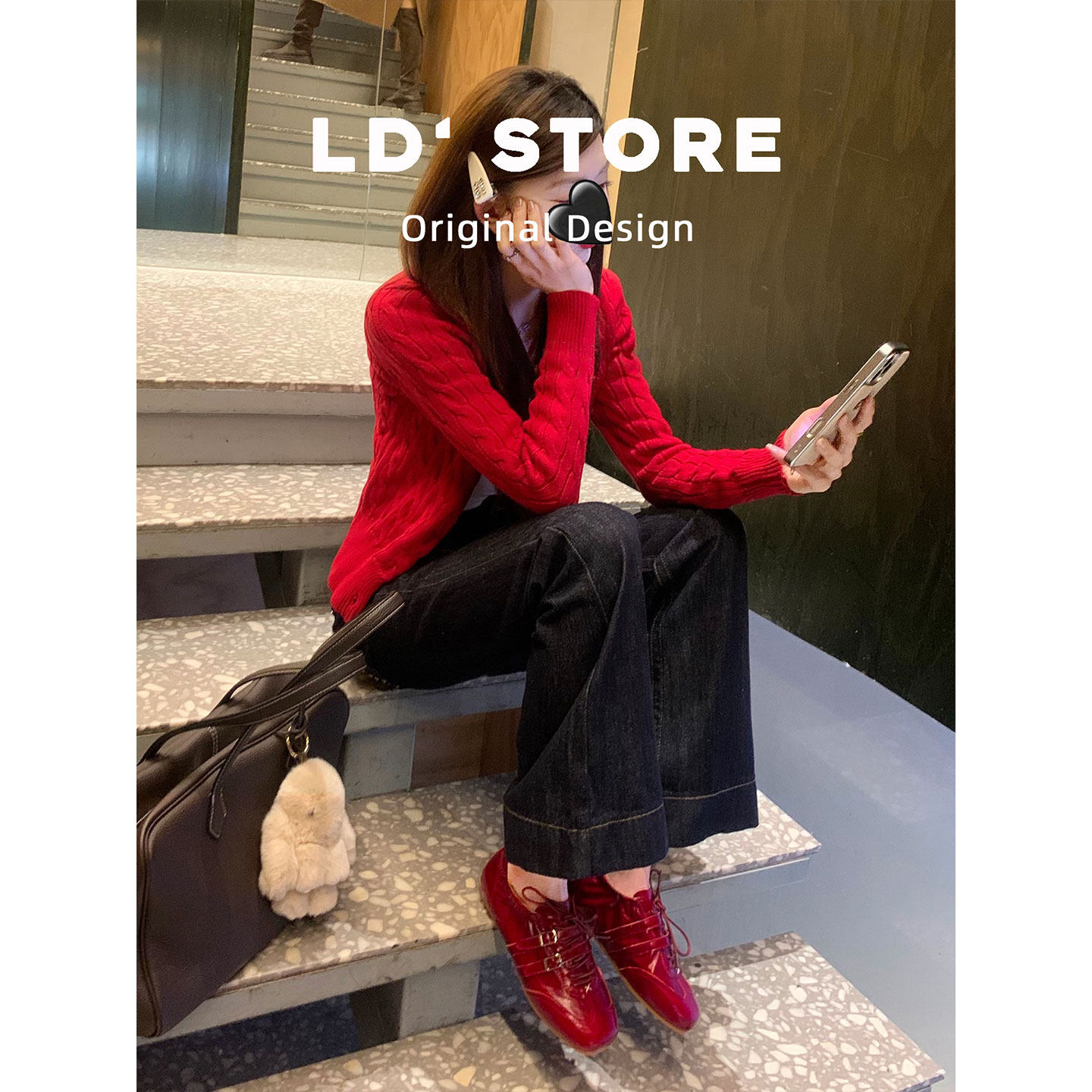 真皮~内增高红色运动玛丽珍鞋女春复古芭蕾德训鞋休闲运动阿甘鞋主图