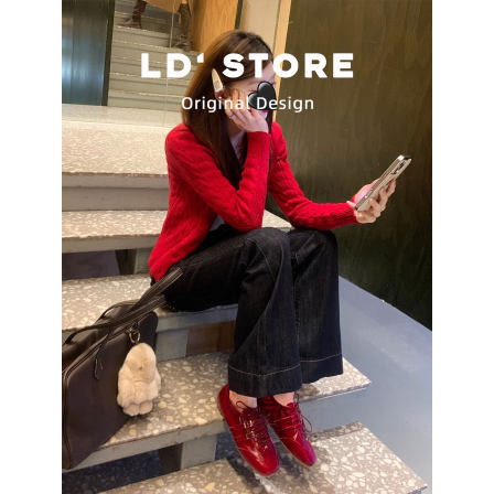 真皮~内增高红色运动玛丽珍鞋女春复古芭蕾德训鞋休闲运动阿甘鞋