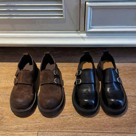 牛皮版~厚底皮带扣小皮鞋女英伦风复古圆头巴洛克雕花粗跟乐福鞋