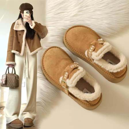 厚底加绒勃肯鞋女鞋2025新款冬季乐福鞋保暖雪地靴一脚蹬复古棉鞋