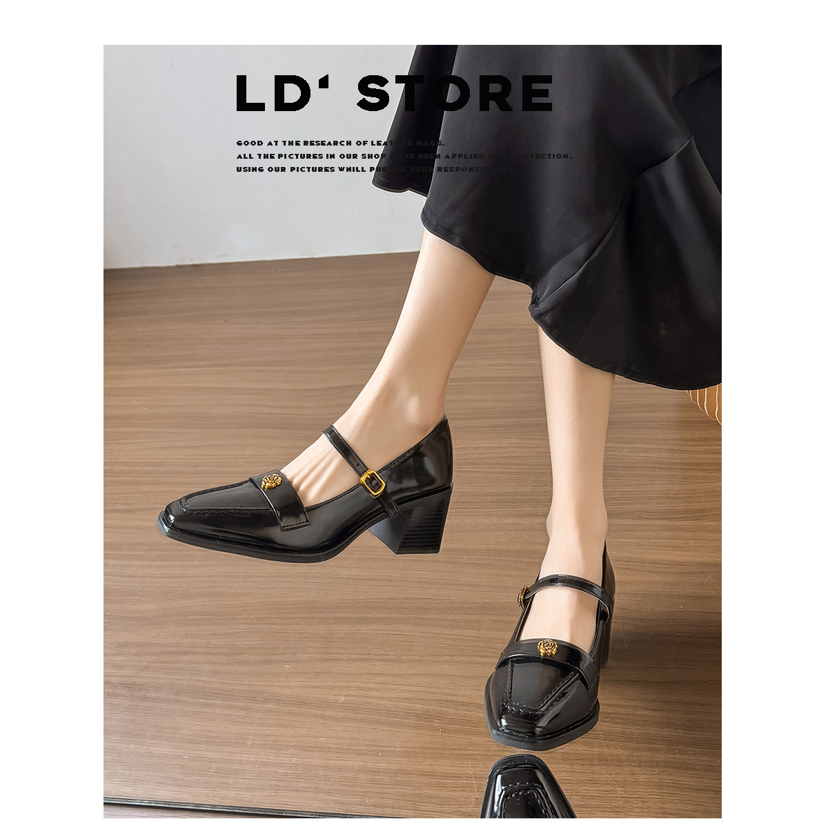 真皮~复古法式黑色玛丽珍高跟鞋女春季通勤不累脚山茶花粗跟单鞋主图
