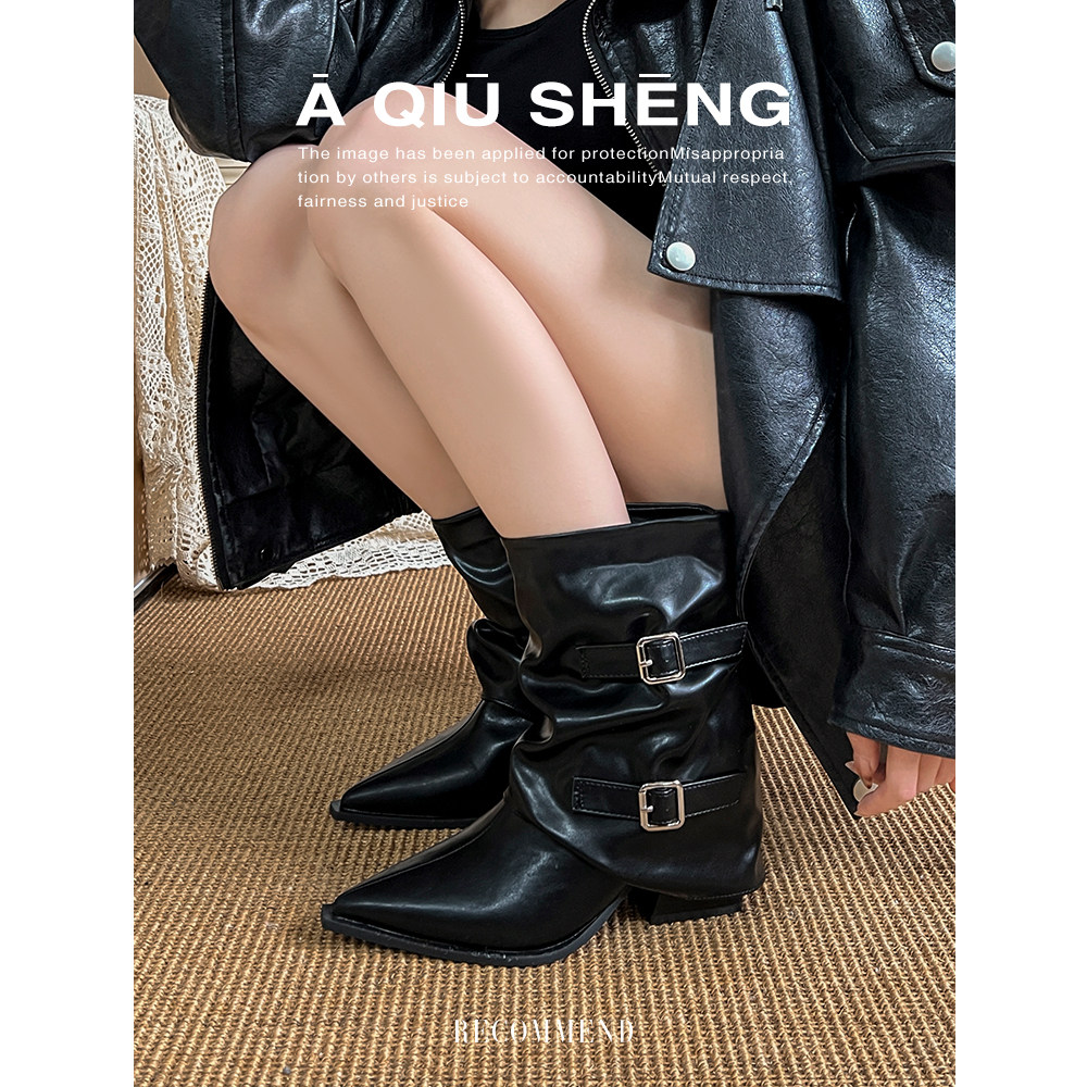 羊皮版~英伦风尖头裤管靴女2025年新款高筒靴粗跟长靴皮带扣短靴主图