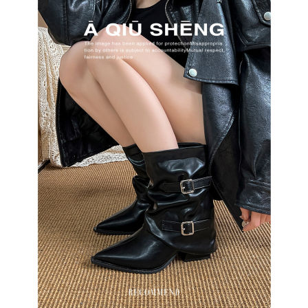 羊皮版~英伦风尖头裤管靴女2025年新款高筒靴粗跟长靴皮带扣短靴