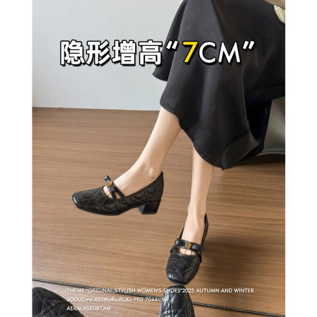 羊皮版~高跟玛丽珍鞋女2026新款春季山茶花小香风内增高粗跟单鞋