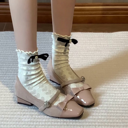 羊皮版~法式方头公主风蝴蝶结设计一字带坡跟显腿长百搭高级单鞋