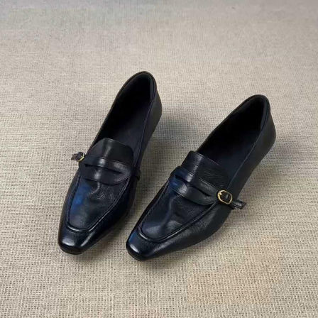 羊皮版~单鞋复古真皮百搭黑色小皮鞋女一脚蹬方头简约粗跟乐福鞋