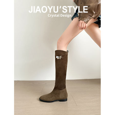 真皮~骄屿高筒骑士靴2025秋冬新款锁扣长筒靴圆头粗跟不过膝长靴