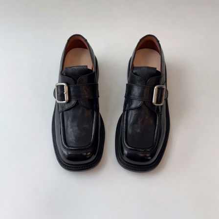 牛皮版~方头复古英伦皮带扣粗跟小皮鞋深口通勤单鞋一脚蹬乐福鞋