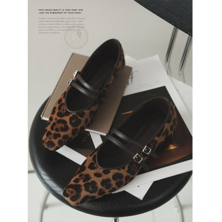 苹果的生活家|点睛豹纹 马毛玛丽珍小方头低跟坡跟单鞋小皮鞋