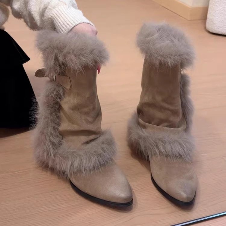 时尚部落高筒靴女2026新春季粗跟保暖长筒靴堆堆靴加绒毛毛雪地靴主图