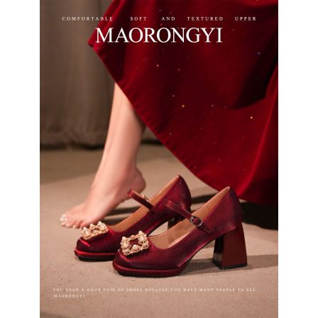 毛容易】红色高跟鞋女粗跟一字扣厚底玛丽珍单鞋方扣秀禾婚鞋新娘