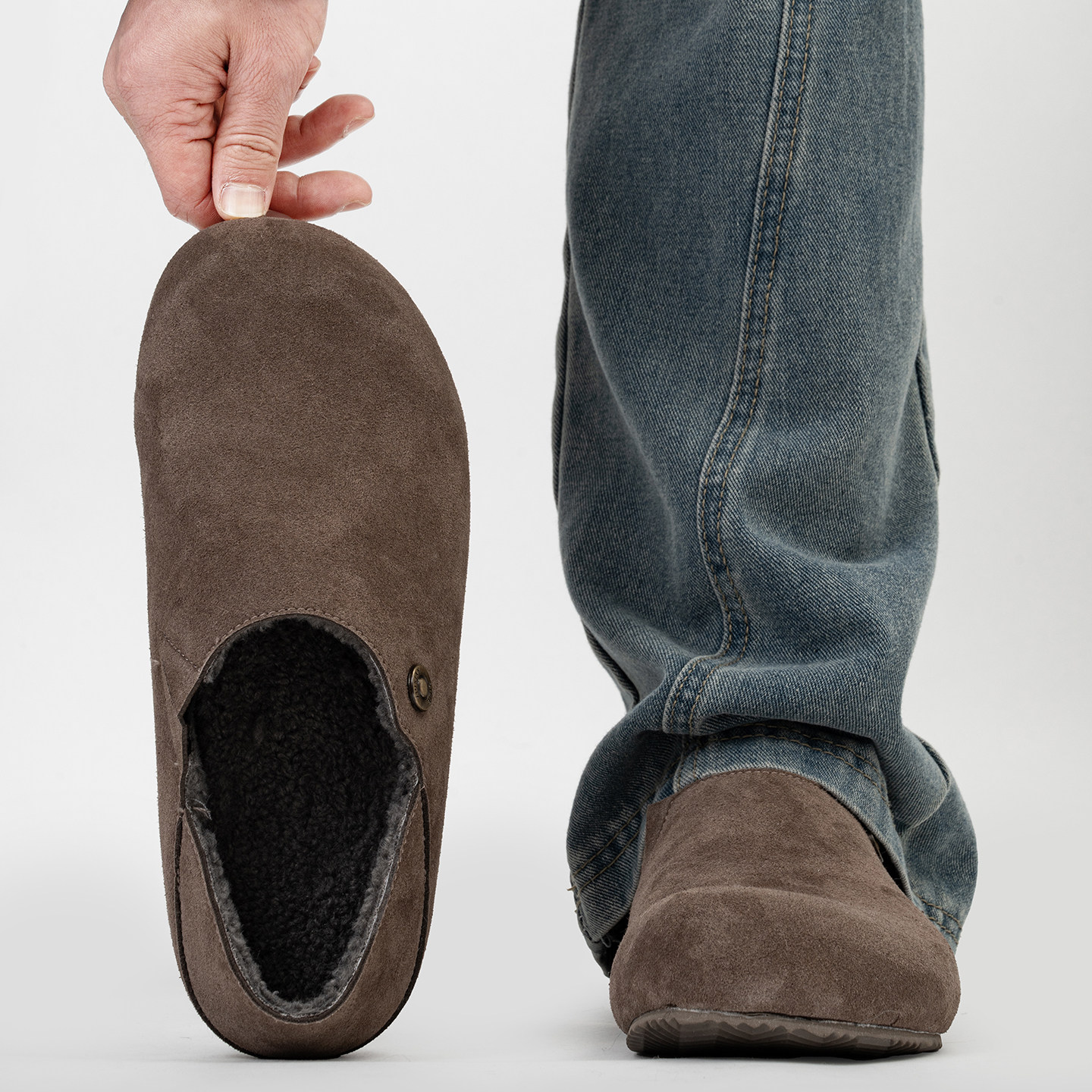 全包复古软底勃肯鞋男冬季加绒保暖棉鞋薄底一脚蹬懒人大头乐福鞋主图